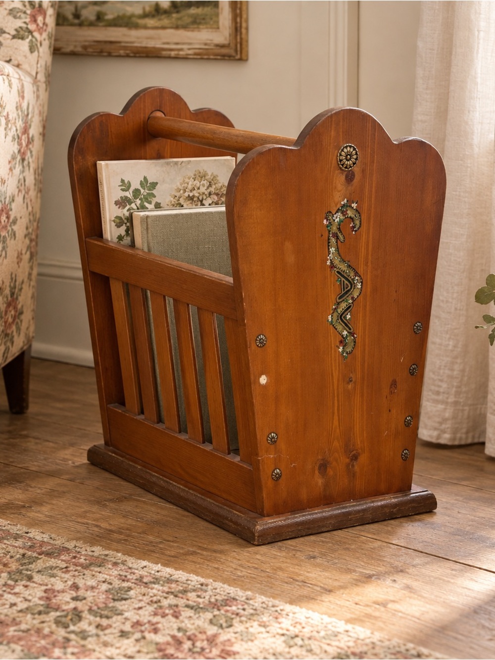 Vintage Wooden Magazine Rack Floral Folk Art Newspaper Holder Cottagecore